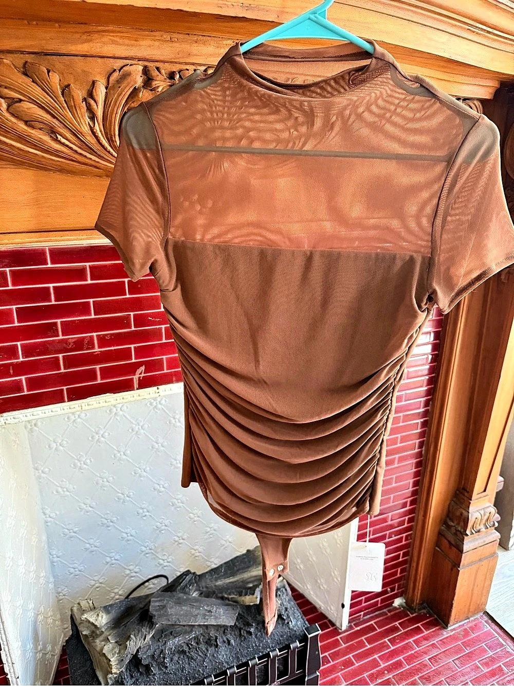 REORIA Women's Short Sleeve Sheer Mesh Ruched Mock Neck Bodysuit Brown